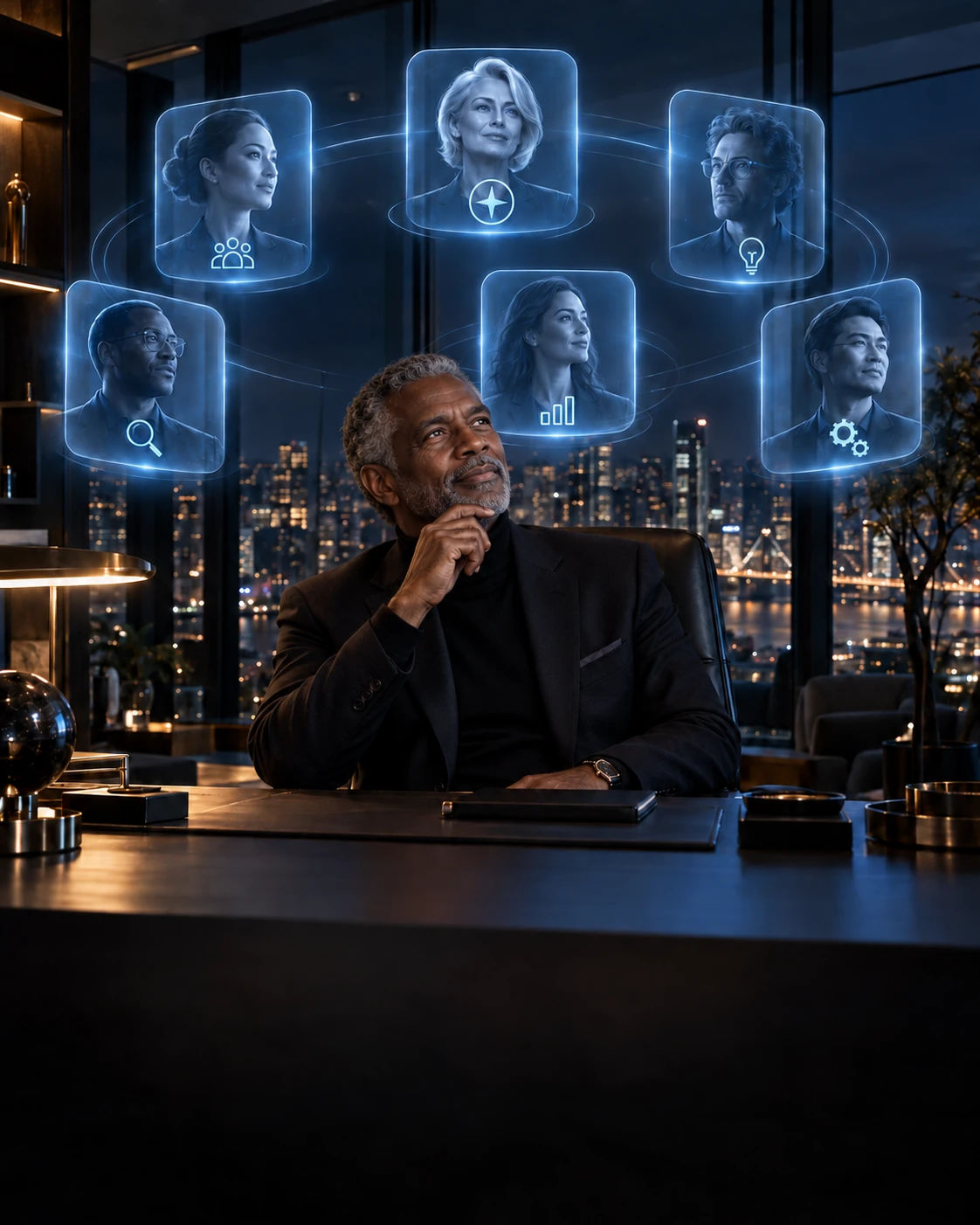 Seasoned Black executive considering an idea with six virtual AI team members ready for direction