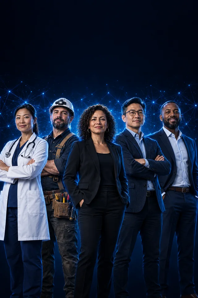 A diverse group of experienced professionals representing healthcare, skilled trades, business, technology, and leadership